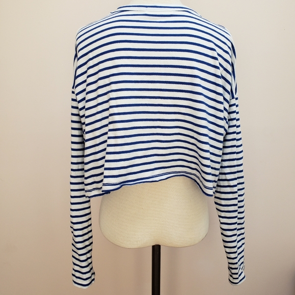 Pull&Bear Blue and White Striped Boxy Cropped Long Sleeve Shirt, Size Small - Picture 2 of 6